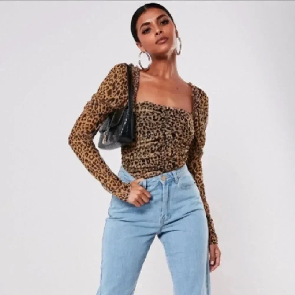Missguided Leopard Ruched Mesh Top Black Brown Size 4